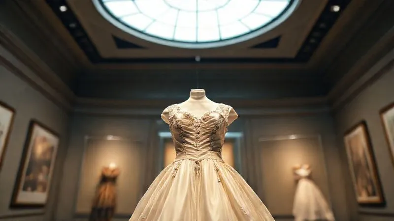 Photorealistic, professional photography, 8K, cinematic lighting, sharp focus on a vintage designer gown, beautifully preserved and displayed in a museum-like setting, perhaps under a spotlight. A sense of reverence and historical significance. Depth of field, shot on a high-end DSLR, rich textures, conveying timeless elegance and intrinsic value.