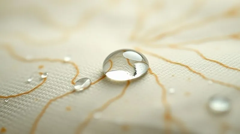 A macro, photorealistic image of a fabric surface with a microscopic, intricate pattern resembling a lotus leaf, showing water droplets perfectly beading and rolling off. The fabric fibers are visible, enhanced by cinematic lighting, sharp focus, and a shallow depth of field, 8K hyper-detailed, shot on a high-end DSLR.
