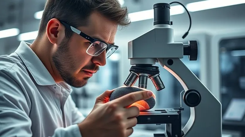 A photorealistic, professional image of a textile engineer in a modern, brightly lit lab, closely examining a piece of athletic fabric under a high-magnification microscope, with various advanced testing equipment (e.g., abrasion tester, tensile strength machine) blurred in the background. The engineer wears safety glasses, conveying precision and expertise. 8K, cinematic lighting, sharp focus on the fabric and microscope, depth of field, shot on a high-end DSLR.
