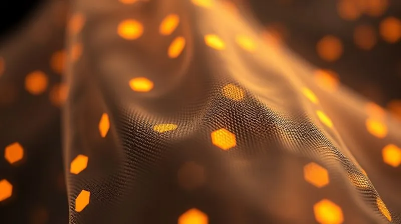 A futuristic, close-up photorealistic image of a shimmering, translucent athletic fabric interwoven with glowing, microscopic hexagonal patterns, representing graphene. The fabric appears to be subtly changing its texture or color, hinting at adaptive properties. Professional photography, 8K, cinematic lighting, sharp focus on the intricate pattern, depth of field blurring the background, shot on a high-end DSLR, conveying cutting-edge technology and innovation.
