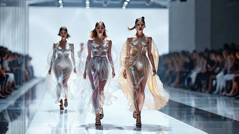 A photorealistic, high-fashion runway scene in a futuristic setting. Models gracefully walk, adorned in flowing, intricately designed 3D printed garments that exhibit dynamic drape and iridescent sheen. The clothing appears weightless and moves with the body, showcasing advanced material science and generative design. Cinematic lighting, sharp focus on the textures and movement, depth of field blurring the background. Professional photography, 8K hyper-detailed, shot on a high-end DSLR, conveying innovation and the luxurious future of fashion.
