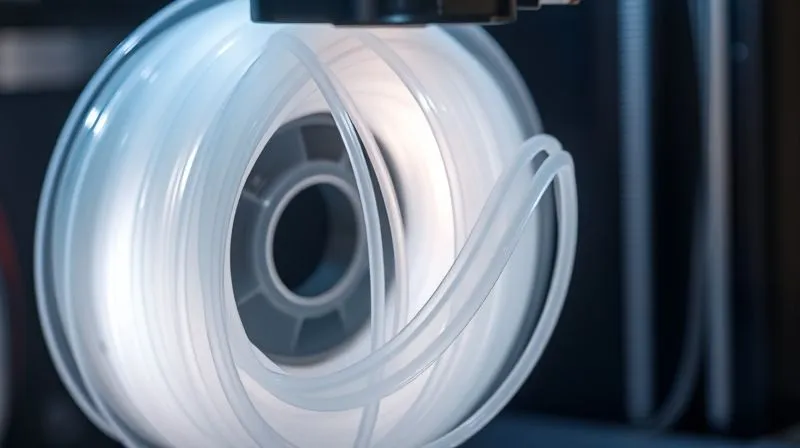 A photorealistic close-up of a spool of transparent, flexible TPU filament being fed into a 3D printer, with a soft, glowing light emanating from the nozzle area. The filament itself appears pliable and almost gel-like. Cinematic lighting, sharp focus on the filament, depth of field blurring the background. 8K hyper-detailed, professional photography, shot on a high-end DSLR.