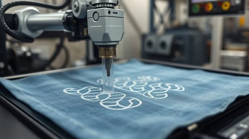 A photorealistic image showing a robotic arm precisely 3D printing a complex, flexible pattern directly onto a piece of stretched denim fabric. The fabric is taut on a printing bed, and the printer nozzle is extruding a translucent, flexible material. Cinematic lighting, sharp focus on the printing process, depth of field blurring the industrial background. 8K hyper-detailed, professional photography, shot on a high-end DSLR.