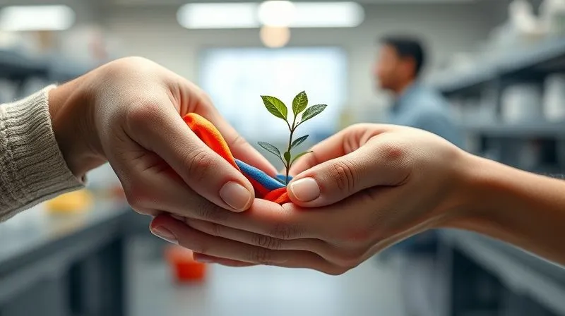 Photorealistic, professional photography, 8K, cinematic lighting, sharp focus, depth of field, shot on a high-end DSLR. Two hands, one holding a vibrant, high-performance athletic fabric that appears durable and stretchy, and the other holding a small, healthy green sapling. The hands are gently touching, symbolizing the harmonious blend of technology and nature. The background is a blurred, modern textile laboratory with hints of natural light. Emotionally resonant.