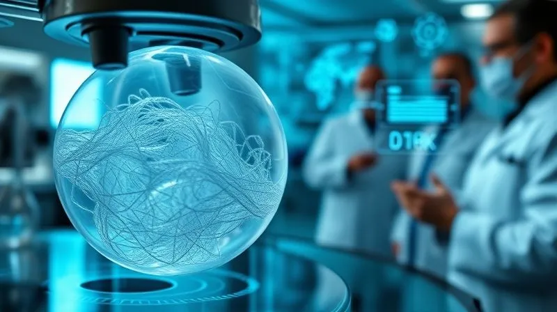 Photorealistic, professional photography, 8K, cinematic lighting, sharp focus, depth of field, shot on a high-end DSLR. A futuristic, transparent textile sample under a microscope, revealing intricate, bio-engineered fibers. In the blurred background, scientists in lab coats are collaborating, discussing data on a holographic display showing molecular structures and sustainability metrics. Conveys cutting-edge research and collaboration.