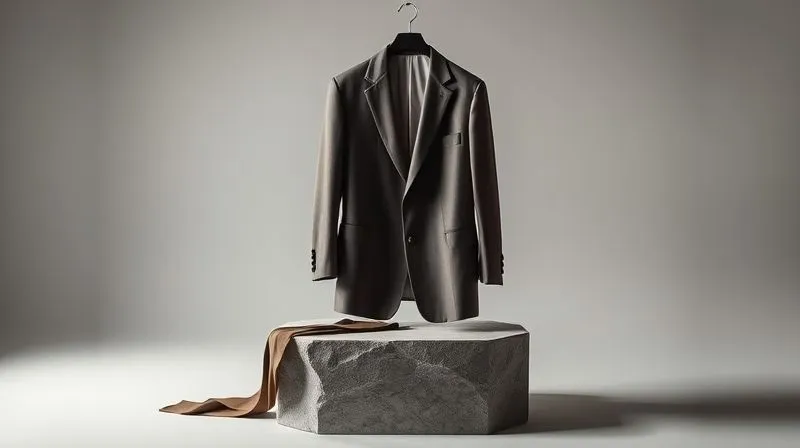 A minimalist studio setting featuring a single, impeccably tailored garment draped artfully over a simple, elegant prop (e.g., a stone plinth). Dramatic, soft cinematic lighting highlights textures and shadows, creating a sense of understated elegance and high quality. Photorealistic, professional photography, 8K, sharp focus, depth of field, shot on a high-end DSLR.