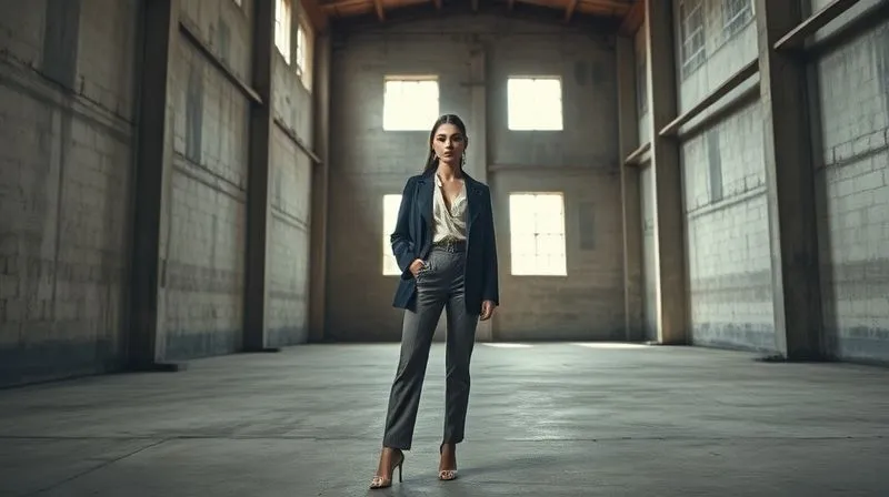 A fashion model in an elegant, minimalist outfit posing amidst the raw, textured concrete walls and industrial aesthetic of an abandoned warehouse. Soft, natural light streams in through high windows, creating dramatic shadows and highlights. The juxtaposition of high fashion and gritty environment conveys a unique, edgy luxury. Photorealistic, professional photography, 8K, sharp focus, depth of field, shot on a high-end DSLR.