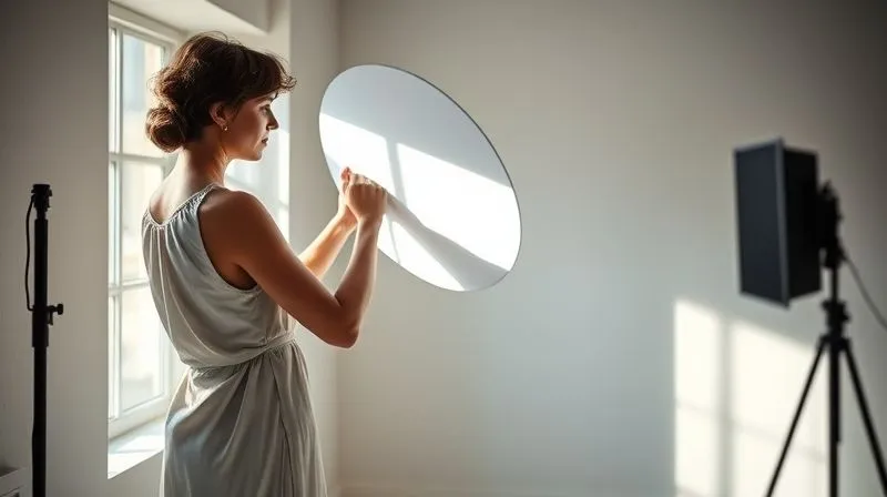 A photographer meticulously adjusting a simple white reflector to bounce natural window light onto a model wearing a minimalist silk dress. The studio is sparse, highlighting the effectiveness of basic tools. Cinematic lighting, sharp focus on the interplay of light and shadow on the fabric, depth of field. Photorealistic, professional photography, 8K, shot on a high-end DSLR.