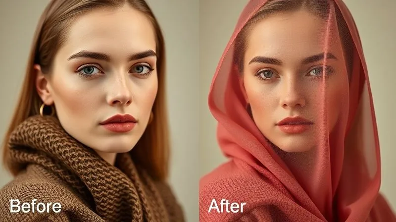 A split image showing a fashion photograph 'Before' and 'After' professional post-production. The 'Before' side shows a well-shot but raw image with good lighting. The 'After' side shows the same image transformed with subtle retouching, enhanced fabric textures, and a sophisticated, consistent color grade that conveys high-end luxury. Photorealistic, 8K, sharp focus, cinematic lighting, shot on a high-end DSLR.