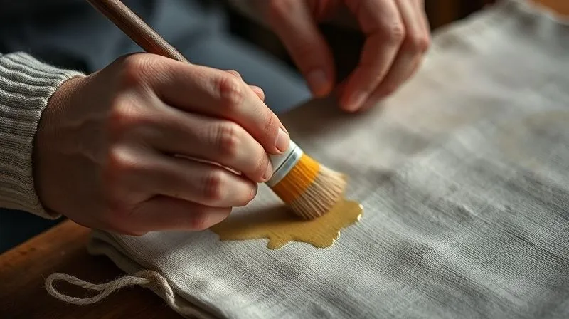 A close-up, photorealistic image of a skilled artisan's hands carefully applying a natural wax mixture to a piece of tightly woven cotton canvas, using a brush. The fabric shows a subtle sheen where the wax has been applied. Professional photography, 8K, cinematic lighting, sharp focus on the hands and fabric, depth of field blurring the background, shot on a high-end DSLR.