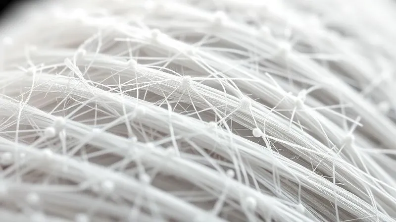 A highly magnified, photorealistic scanning electron micrograph (SEM) image showing the surface of a natural fiber (e.g., cotton), with tiny, spherical hydrophobic molecules visibly grafted onto its fibrous structure. The image uses subtle colorization to highlight the grafted molecules. Professional photography, 8K, cinematic lighting, sharp focus, depth of field, shot on a high-end DSLR.