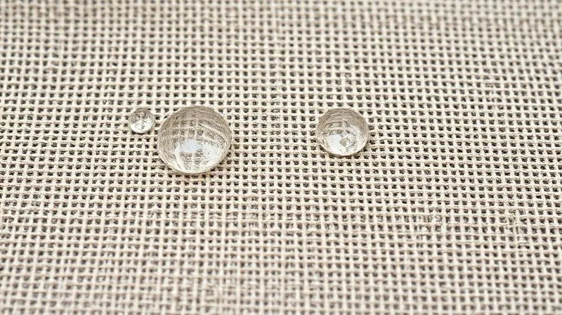A photorealistic, highly detailed close-up of a tightly woven natural fiber fabric (e.g., a fine cotton twill or wool gabardine), showcasing the intricate, dense interlocking of individual threads. Water droplets are visibly resting on the surface, unable to penetrate the tight weave. Professional photography, 8K, cinematic lighting, sharp focus, depth of field, shot on a high-end DSLR.