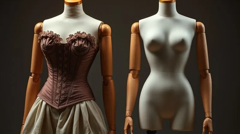 A photorealistic, professional photography, 8K, cinematic lighting, sharp focus, depth of field, shot on a high-end DSLR of two antique wooden mannequins side-by-side: one dressed in a full 19th-century corset, bustle, and petticoats, showcasing the exaggerated silhouette, and the other a modern, minimalist dress form, highlighting the natural, uncorseted contemporary body shape. The lighting emphasizes the stark contrast between the two forms.