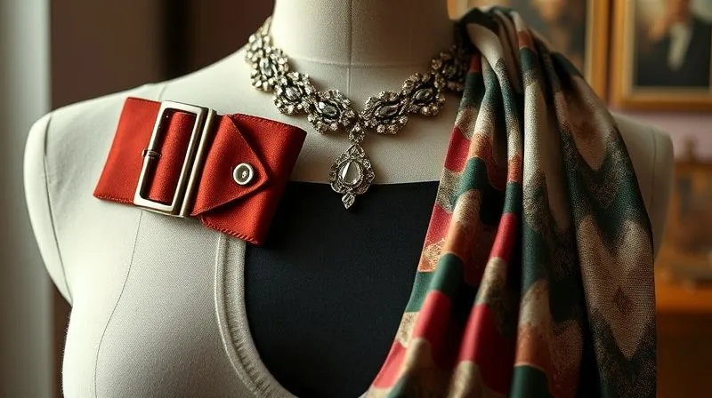 Photorealistic, professional photography, 8K, cinematic lighting, sharp focus, depth of field, shot on a high-end DSLR. A close-up of a diverse range of vintage-inspired accessories – a wide cinching belt, elegant shapewear, a statement necklace, and a silk scarf – artfully arranged on a mannequin torso, suggesting their power to redefine a silhouette.