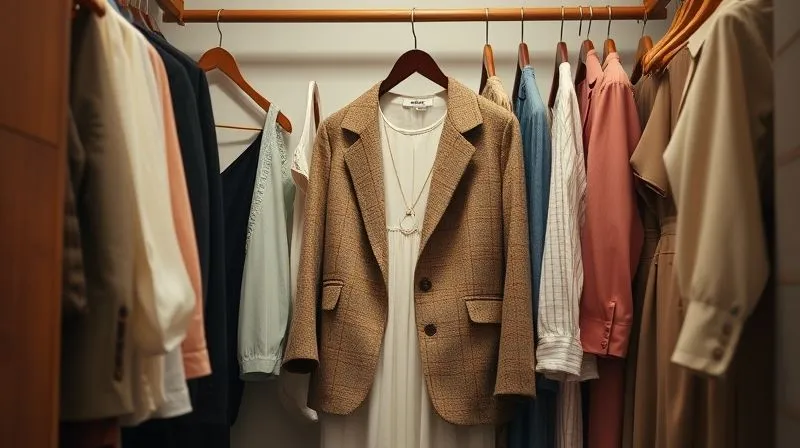 Photorealistic, professional photography, 8K, cinematic lighting, sharp focus, depth of field, shot on a high-end DSLR. A beautifully curated vintage wardrobe, with a mix of classic silhouettes (e.g., a perfectly tailored tweed jacket, a flowing silk dress, high-waisted trousers) neatly organized, illuminated by soft, natural light, conveying timeless style and sustainability.