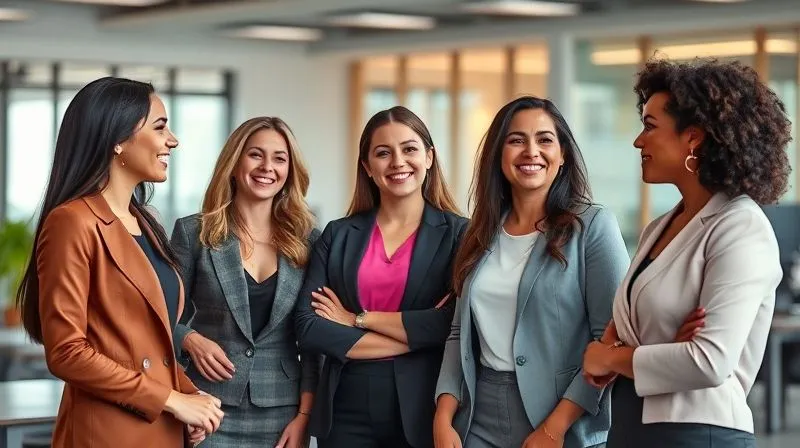 Photorealistic, professional photography of a diverse group of women in a modern, collaborative office space, each wearing professionally chic attire that flatters their individual body type. They are engaged in conversation, smiling confidently. Cinematic lighting, sharp focus on their expressions and clothing details, depth of field subtly blurring the background, 8K hyper-detailed, shot on a high-end DSLR.