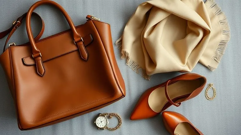 A photorealistic flat lay of elegant, professional accessories: a structured leather handbag, a classic watch, a delicate gold necklace, a silk scarf artfully folded, and a pair of polished leather pumps. Cinematic lighting, sharp focus on textures, 8K hyper-detailed, shot on a high-end DSLR.