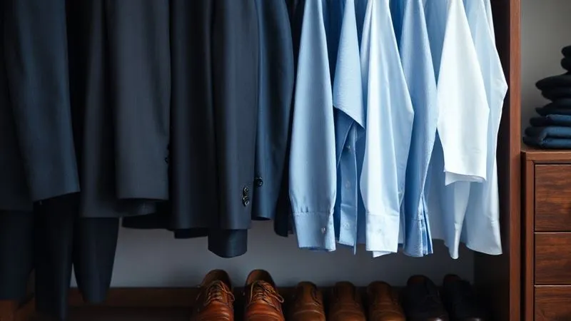 A photorealistic, professional photography image of a perfectly organized executive wardrobe. High-quality classic suits in navy and charcoal hang alongside crisp white and blue dress shirts. Polished leather shoes are neatly arranged below. The scene is bathed in soft, elegant lighting, sharp focus on the clothing textures, depth of field blurring a subtle background detail like a wooden dresser, 8K hyper-detailed, shot on a high-end DSLR.