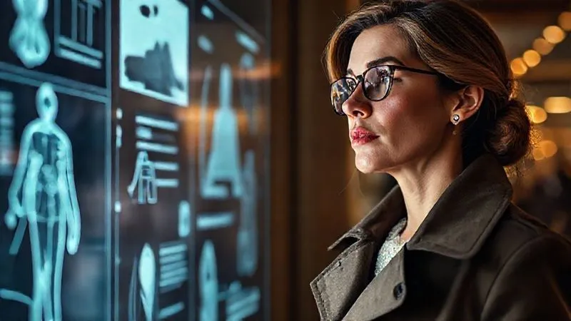 A photorealistic, professional photography, 8K, cinematic lighting, sharp focus, depth of field, shot on a high-end DSLR, depicting a sophisticated woman in a classic trench coat observing a holographic display of subtle fashion trend data, with elements of sustainability and timeless design visible in the projections. Her expression is thoughtful and discerning.