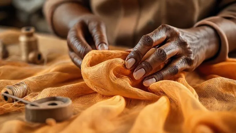A photorealistic, professional photography, 8K, cinematic lighting, sharp focus, depth of field, shot on a high-end DSLR, depicting a skilled artisan's hands carefully examining a swatch of luxurious, naturally dyed organic silk, with sustainable thread spools and a vintage sewing needle in the softly blurred background. The scene evokes craftsmanship and ethical production.