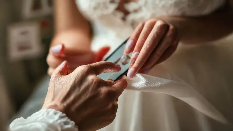 A photorealistic close-up of a Gen Z bride's hands, one holding a smartphone displaying an ethical fashion app, the other gently touching a swatch of organic silk fabric. Soft, natural light, 8K, cinematic lighting, sharp focus on hands and fabric, depth of field blurring a mood board of sustainable wedding ideas in the background. Conveys thoughtful research and tactile appreciation.