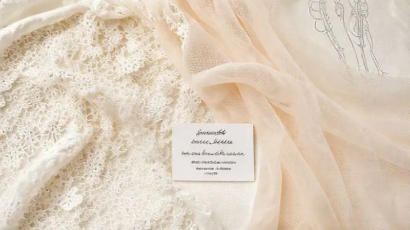 A photorealistic flat lay image showcasing various sustainable bridal fabric swatches (organic cotton lace, peace silk, recycled tulle) alongside a small elegant sign detailing their eco-credentials. Professional studio lighting, 8K, sharp focus on textures and details, depth of field blurring a designer's sketch in the background. Conveys high-quality, sustainable options.