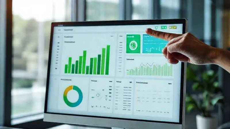 A photorealistic image of a sleek, minimalist dashboard on a computer screen, displaying various marketing analytics charts and graphs focused on sustainability metrics (e.g., 'Eco-Content Engagement', 'Sustainable Product Conversions', 'Carbon Footprint Reduction'). A hand is pointing at a rising green bar chart. 8K, cinematic lighting, sharp focus on the screen, depth of field blurring a modern office background. Conveys data-driven decision making for green initiatives.