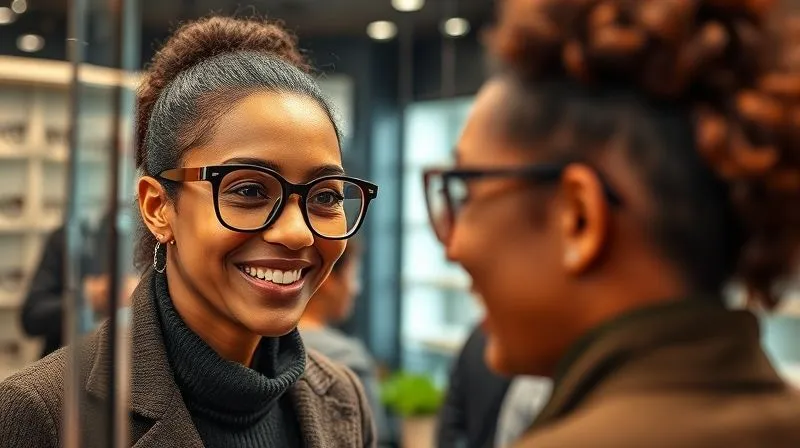 A photorealistic image of a diverse client, smiling genuinely, looking into a high-quality mirror while trying on a pair of elegant, well-fitting eyeglasses. The eyewear stylist is subtly in the background, smiling approvingly. The scene is in a chic, well-lit optical boutique. Cinematic lighting, sharp focus on the client and glasses, depth of field blurring the background. 8K hyper-detailed, professional photography, shot on a high-end DSLR.
