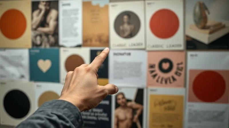 A photorealistic, professional photography, 8K, cinematic lighting, sharp focus, depth of field, shot on a high-end DSLR, of a detailed mood board featuring various textures, colors, and abstract shapes, subtly hinting at different personal brand archetypes like 'innovator', 'classic leader', 'creative visionary'. In the foreground, a stylist's hand points to a section, symbolizing the initial discovery phase of client branding.
