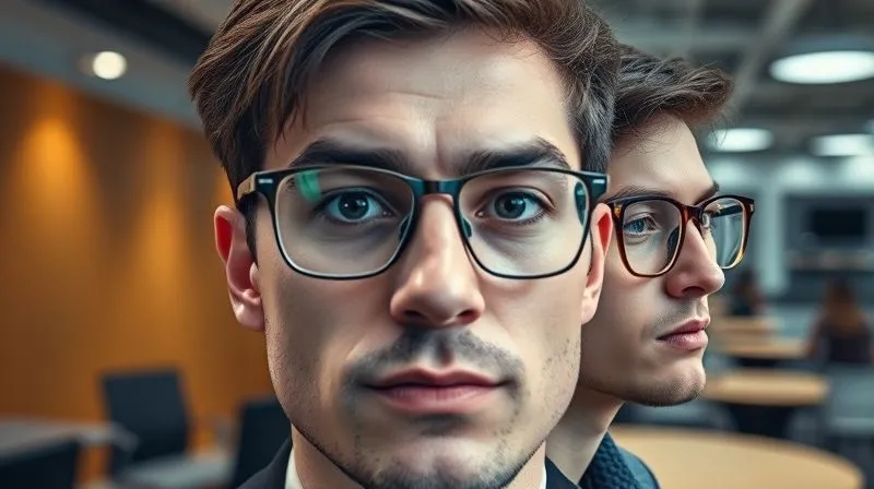 A photorealistic, professional photography, 8K, cinematic lighting, sharp focus, depth of field, shot on a high-end DSLR, of a person wearing two different pairs of glasses in a split image. One side shows them in a corporate boardroom setting with sleek, minimalist metal frames. The other side shows them in a creative co-working space with bold, artistic acetate frames, illustrating versatility.