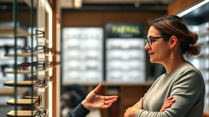 A photorealistic, professional photography, 8K, cinematic lighting, sharp focus, depth of field, shot on a high-end DSLR, of an eyewear stylist engaging in a warm, professional conversation with a client in a well-lit consultation area. The stylist is gesturing towards a display of frames, while the client listens intently, a look of understanding and confidence growing on their face. There are diverse frames on display in the blurred background.