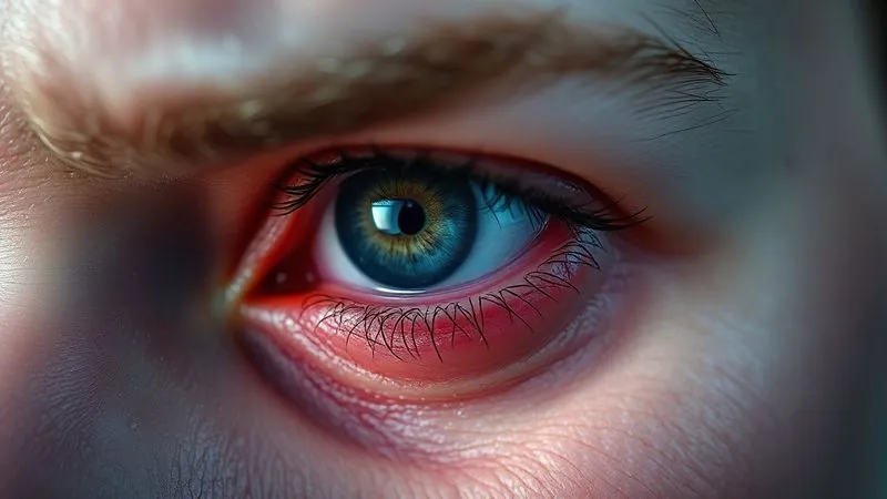 A close-up, photorealistic image of a human eye showing subtle redness around the lower lid, with a soft blur in the background, conveying sensitivity and discomfort, professional photography, 8K, cinematic lighting, sharp focus, depth of field, shot on a high-end DSLR.