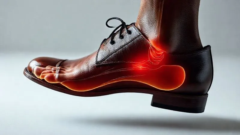 Photorealistic image of a stylized human foot anatomy diagram superimposed over a classic men's leather dress shoe, highlighting areas of potential pressure and pain (e.g., narrow toe box, lack of arch support) with subtle glowing red zones. Professional, scientific, 8K, cinematic lighting, sharp focus, depth of field.