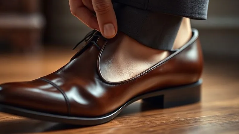 Photorealistic image of a sleek, thin custom orthotic being gently placed into a classic men's polished leather dress shoe. The shoe is open, showing its interior, with cinematic lighting highlighting the precision fit of the orthotic. Sharp focus, depth of field, professional photography, 8K.