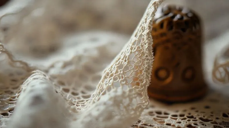 A photorealistic, professional photography, 8K, cinematic lighting, sharp focus, depth of field, shot on a high-end DSLR, extreme close-up of aged, delicate Chantilly lace fabric, showing intricate patterns and subtle signs of fragility, with soft light highlighting individual threads and a vintage thimble blurred in the background.