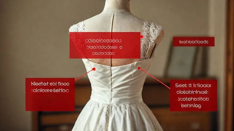 A photorealistic, professional photography, 8K, cinematic lighting, sharp focus, depth of field, shot on a high-end DSLR, a vintage wedding dress on a mannequin, with translucent red overlay highlighting potential alteration points on side seams, darts, and back panel, illustrating strategic deconstruction planning.