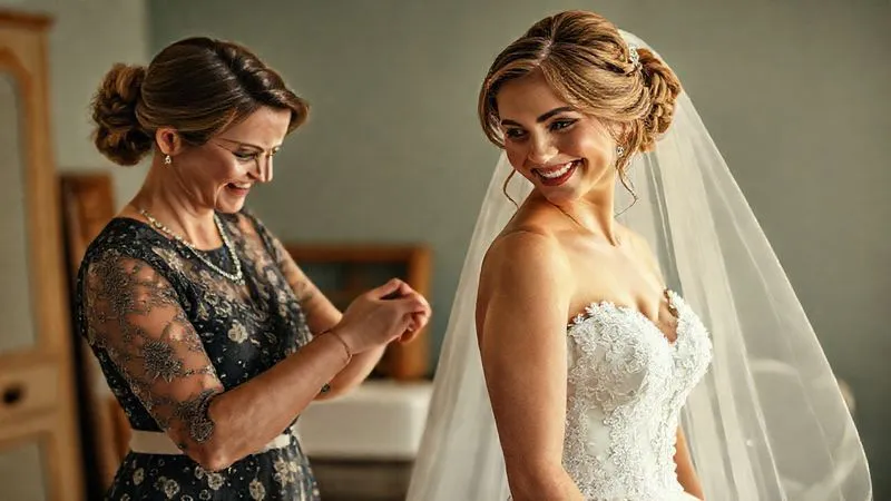 A photorealistic, professional photography, 8K, cinematic lighting, sharp focus, depth of field, shot on a high-end DSLR, a bride-to-be in a beautifully altered vintage wedding dress, smiling as a professional seamstress makes final, delicate adjustments during a fitting, with soft, warm light and a vintage-inspired studio background.