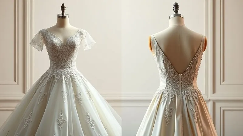 Photorealistic, professional photography, 8K, cinematic lighting, sharp focus, depth of field, shot on a high-end DSLR. A 'before and after' split image, showing the same traditional wedding gown on a mannequin. On one side, it's voluminous and ornate. On the other, it's streamlined, with a modern neckline and elegant silhouette, showcasing a successful alteration. The lighting is soft and flattering.