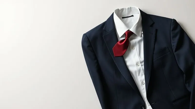 A photorealistic, professional photography, 8K, cinematic lighting, sharp focus, depth of field, shot on a high-end DSLR, showing a meticulously arranged flat lay of a professional's power wardrobe color palette: deep navy suit fabric, charcoal grey blazer, crisp white shirt, and a subtle burgundy silk tie, against a minimalist background.