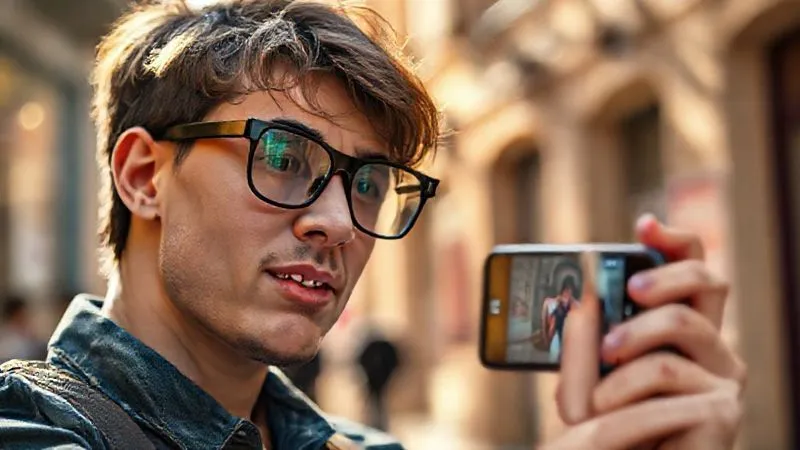 A photorealistic image of a Gen Z individual filming a short video on their smartphone, wearing stylish luxury eyewear, in a vibrant, artistic urban setting with soft natural light, reflecting creativity and digital content creation. The focus is on the eyewear and the smartphone screen, showing a dynamic video being recorded. Photorealistic, professional photography, 8K, cinematic lighting, sharp focus, depth of field, shot on a high-end DSLR.