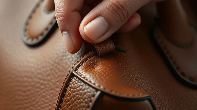 A photorealistic close-up of a designer's hand meticulously stitching a detail on a high-end leather handbag, showcasing craftsmanship and luxury materials. Cinematic lighting highlights the texture, sharp focus, depth of field, 8K hyper-detailed, professional photography, shot on a high-end DSLR.