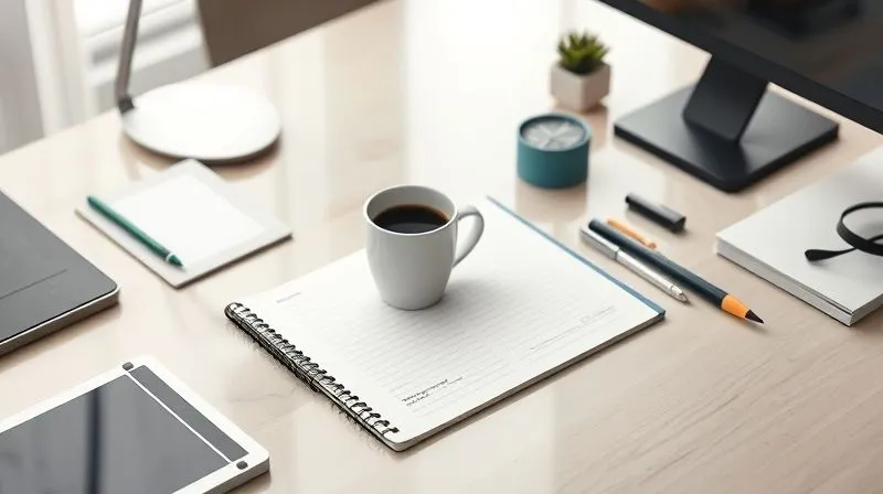 A photorealistic image of a beautifully designed, minimalist media kit laid open on a polished desk, surrounded by high-end stationery and a coffee cup, conveying professionalism and attention to detail. Soft, natural light, sharp focus, depth of field, 8K hyper-detailed, professional photography, shot on a high-end DSLR.