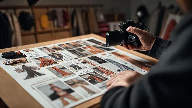 Photorealistic, professional photography, 8K, cinematic lighting, sharp focus, depth of field, shot on a high-end DSLR. A photographer's hands meticulously curating a physical mood board, pinning high-fashion editorial cutouts, fabric swatches, and color palettes. The background shows a dimly lit, organized studio space, emphasizing creativity and strategic planning.