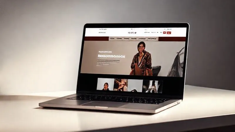 Photorealistic, professional photography, 8K, cinematic lighting, sharp focus, depth of field, shot on a high-end DSLR. A sleek, modern laptop screen displaying a beautifully designed fashion photography website with a clean UI, showcasing a stunning full-bleed image of a high-fashion editorial. The laptop is on a minimalist desk with soft, ambient studio lighting, emphasizing professionalism and digital presence.