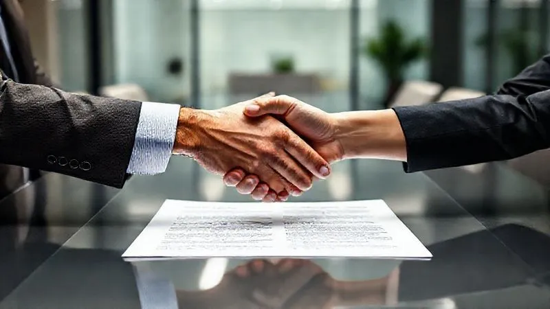 Photorealistic, professional photography, 8K, cinematic lighting, sharp focus, depth of field, shot on a high-end DSLR. Two professional hands, one male and one female, engaged in a firm handshake across a sleek, modern conference table. Between them lies a stylized, open contract document with highlighted sections, symbolizing a successful negotiation and agreement. The background is a subtly blurred, contemporary office space, conveying trust and professionalism.