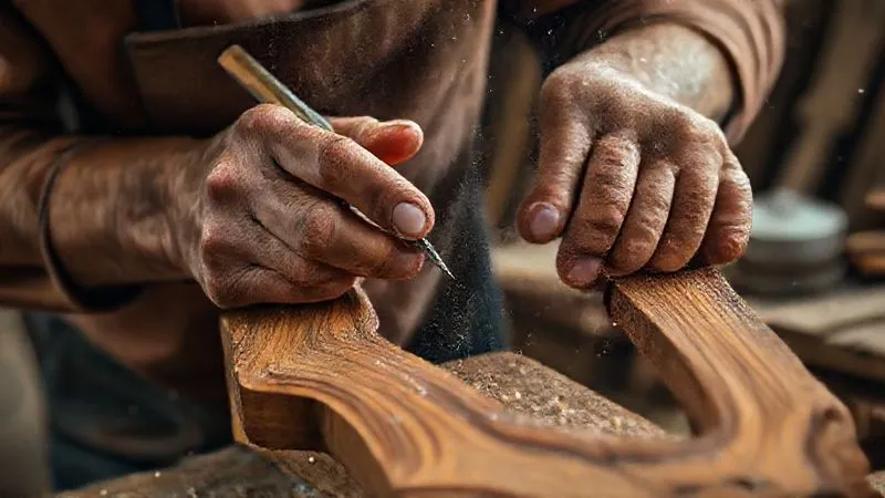A close-up, photorealistic image of a skilled artisan's hands meticulously carving a unique frame from exotic wood, dust motes in the air, warm workshop lighting, sharp focus on the hands and tools, 8K.