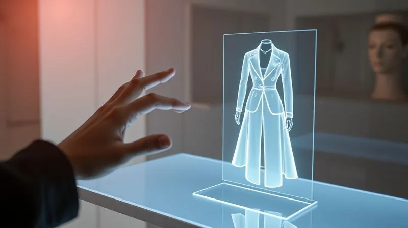 A photorealistic image of a sleek, minimalist digital interface displaying a personalized haute couture collection, with a young, discerning individual's hand subtly interacting with a holographic garment preview. The scene is bathed in soft, aspirational light, conveying innovation and bespoke luxury. Professional photography, 8K, cinematic lighting, sharp focus, depth of field, shot on a high-end DSLR.