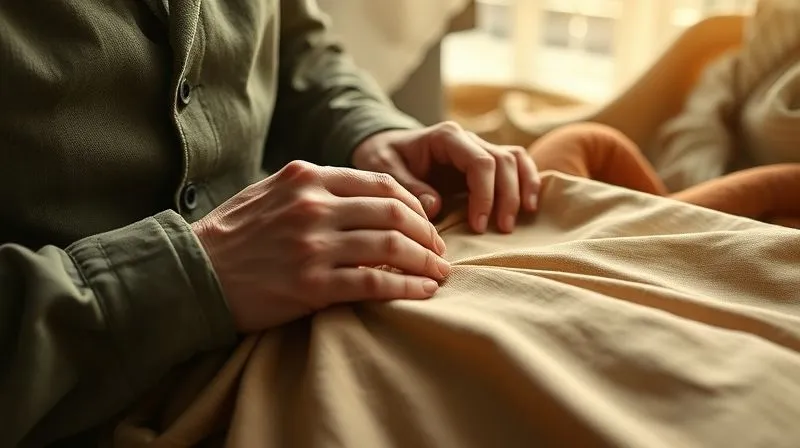 A photorealistic image of a master artisan's hands meticulously stitching a haute couture garment, with natural light illuminating sustainable, organic fabrics in the background. The scene emphasizes craftsmanship, ethical production, and the beauty of natural materials. Professional photography, 8K, cinematic lighting, sharp focus, depth of field, shot on a high-end DSLR.