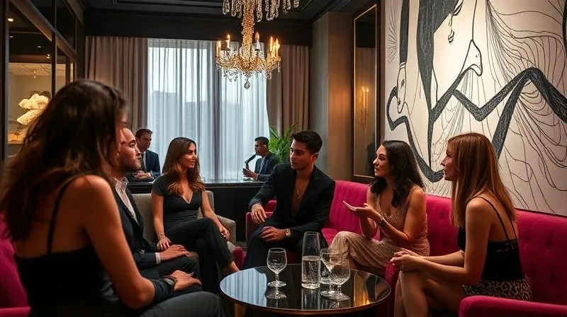 A photorealistic image of an elegant, modern private salon event for haute couture, with a small, diverse group of young UHNW clients engaging in conversation with a designer. The atmosphere is intimate, sophisticated, and filled with a sense of shared appreciation for artistry. Professional photography, 8K, cinematic lighting, sharp focus, depth of field, shot on a high-end DSLR.