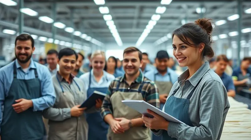 A photorealistic image of a diverse group of factory workers in a clean, well-lit textile facility, smiling and engaged in their tasks, with a female auditor in the foreground discreetly observing and taking notes, cinematic lighting, 8K, sharp focus.